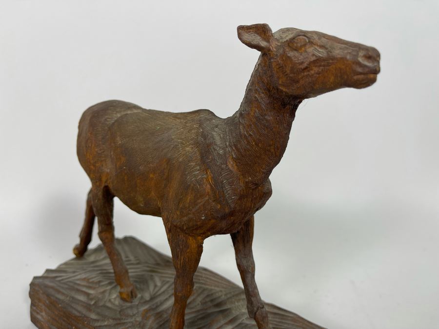 Original Antique 1919 Wood Carving Sculpture Of Deer Signed On Bottom By Artist Signature Illegible 10W X 4.5D X 9H [Photo 6]