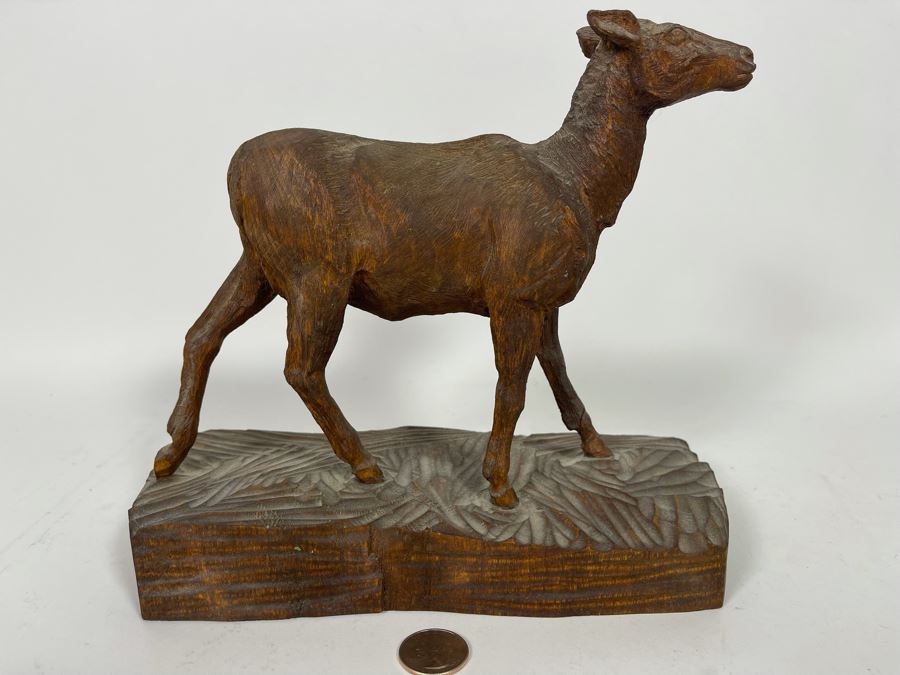 Original Antique 1919 Wood Carving Sculpture Of Deer Signed On Bottom By Artist Signature Illegible 10W X 4.5D X 9H [Photo 4]