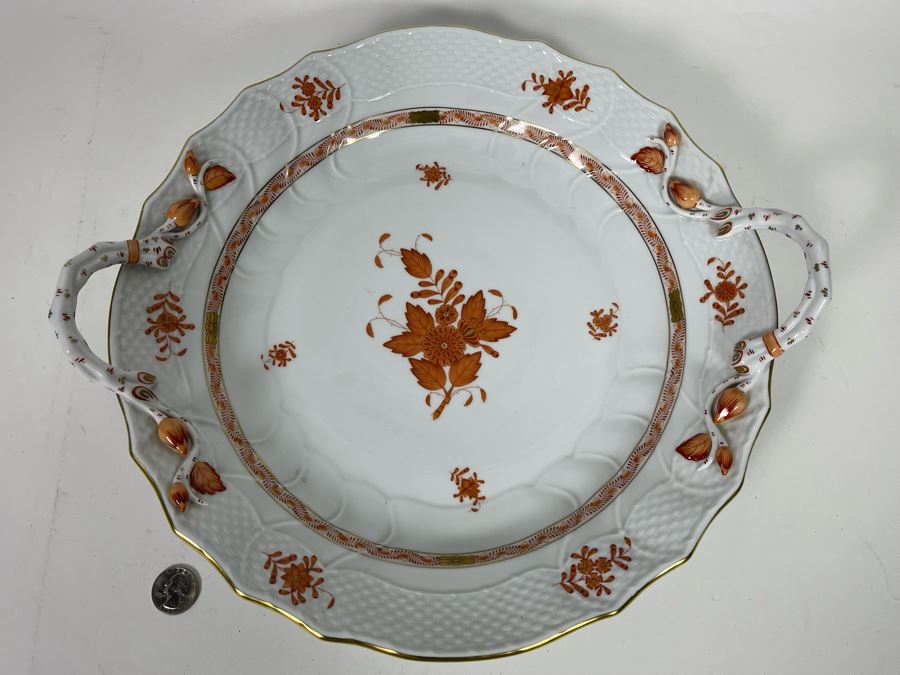 Herend Chinese Bouquet Rust Chop Plate With Handles Large Hand-Painted Made In Hungary 14R Retails $780 [Photo 6]