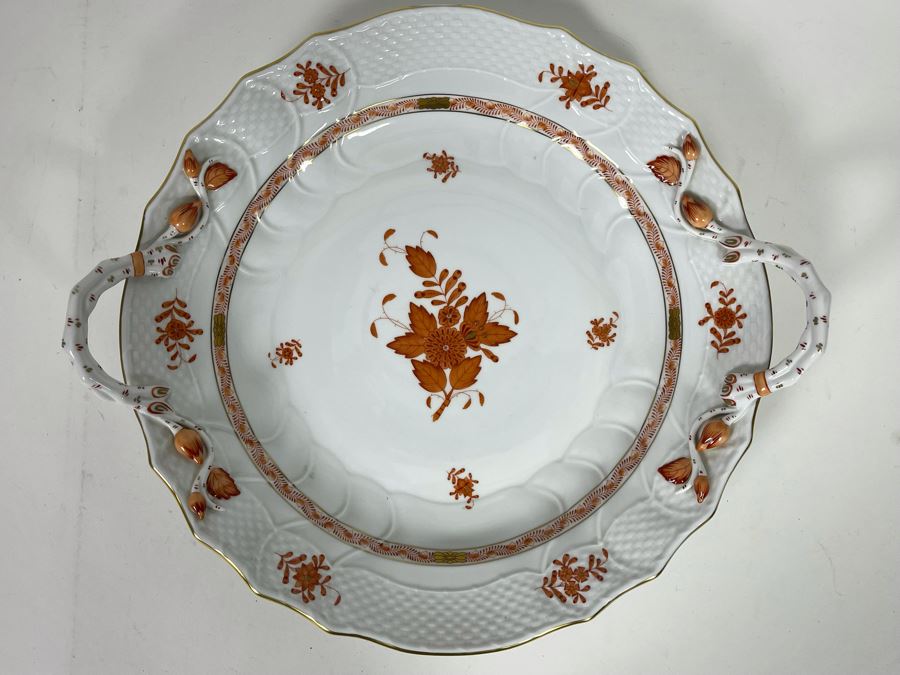 Herend Chinese Bouquet Rust Chop Plate With Handles Large Hand-Painted Made In Hungary 14R Retails $780 [Photo 3]