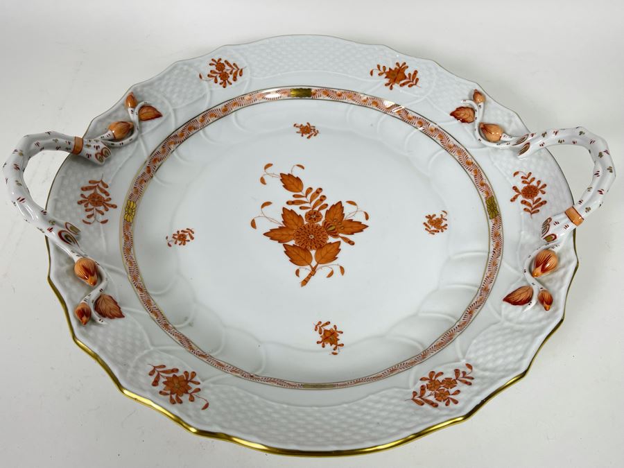 Herend Chinese Bouquet Rust Chop Plate With Handles Large Hand-Painted Made In Hungary 14R Retails $780 [Photo 5]