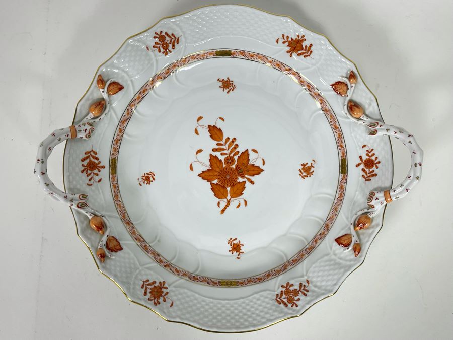 Herend Chinese Bouquet Rust Chop Plate With Handles Large Hand-Painted Made In Hungary 14R Retails $780 [Photo 2]