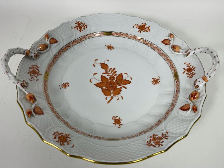Herend Chinese Bouquet Rust Chop Plate With Handles Large Hand-Painted Made In Hungary 14R Retails $780 [Photo 4]