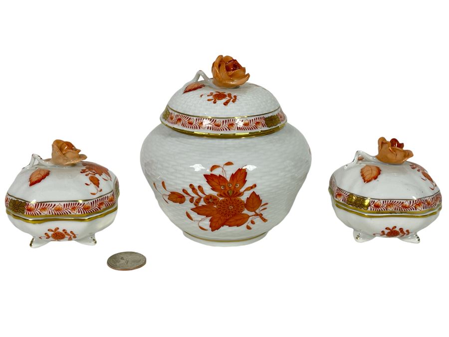 Herend Chinese Bouquet Three Covered Bowls Hand-Painted Made In Hungary 3H And 5H