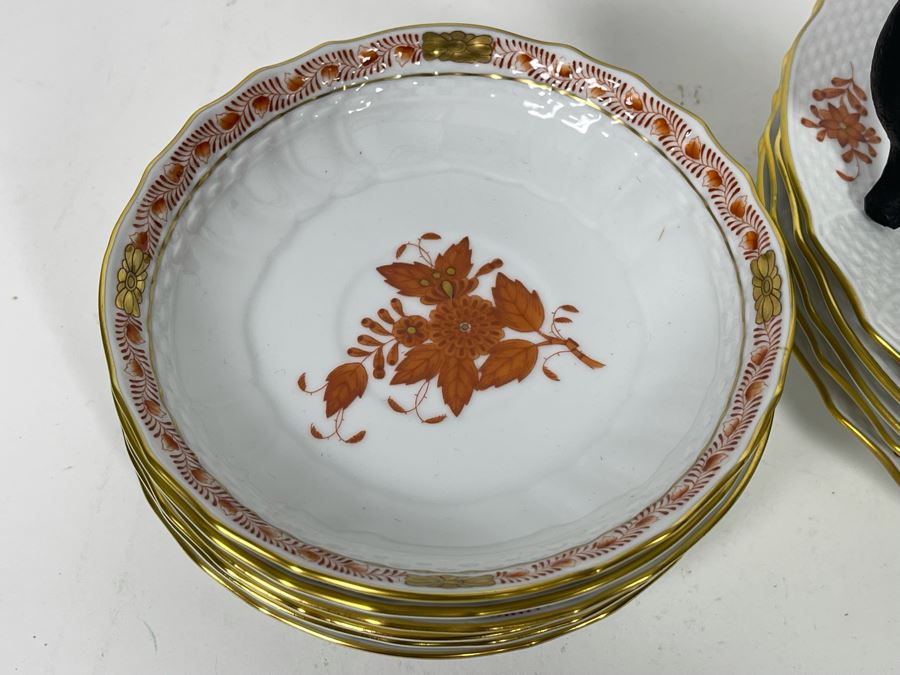 Herend Chinese Bouquet Rust (6) 7.5W Salad Plates, (8) 6W Bread & Butter Plates, (6) Dishes Hand-Painted Made In Hungary Retails $1,400 [Photo 8]
