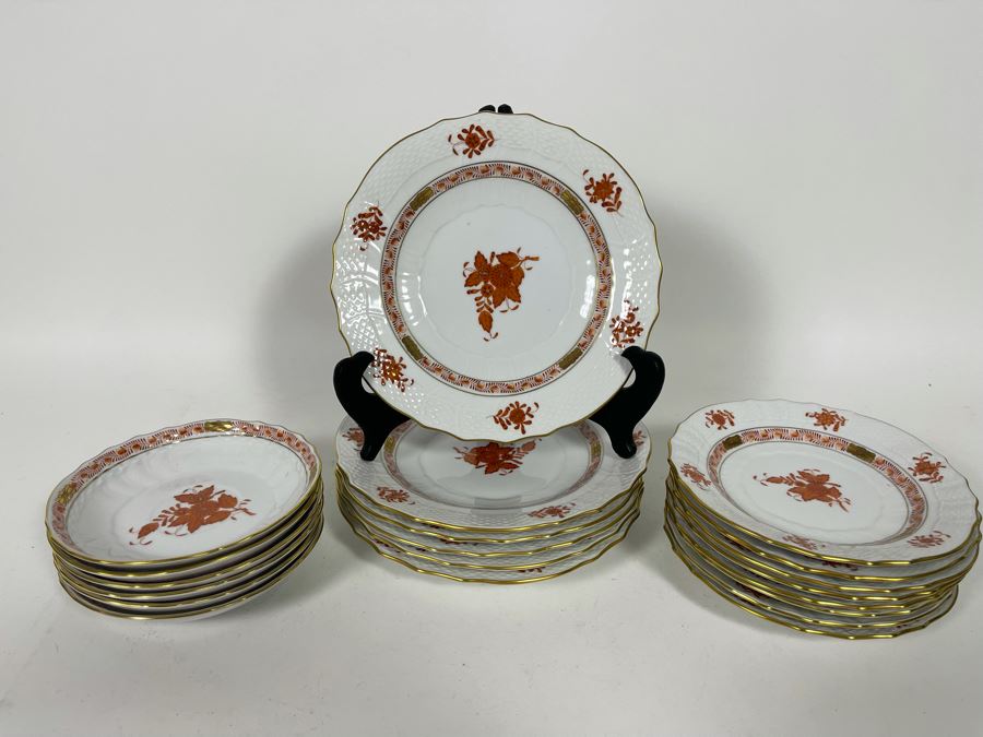 Herend Chinese Bouquet Rust (6) 7.5W Salad Plates, (8) 6W Bread & Butter Plates, (6) Dishes Hand-Painted Made In Hungary Retails $1,400 [Photo 3]