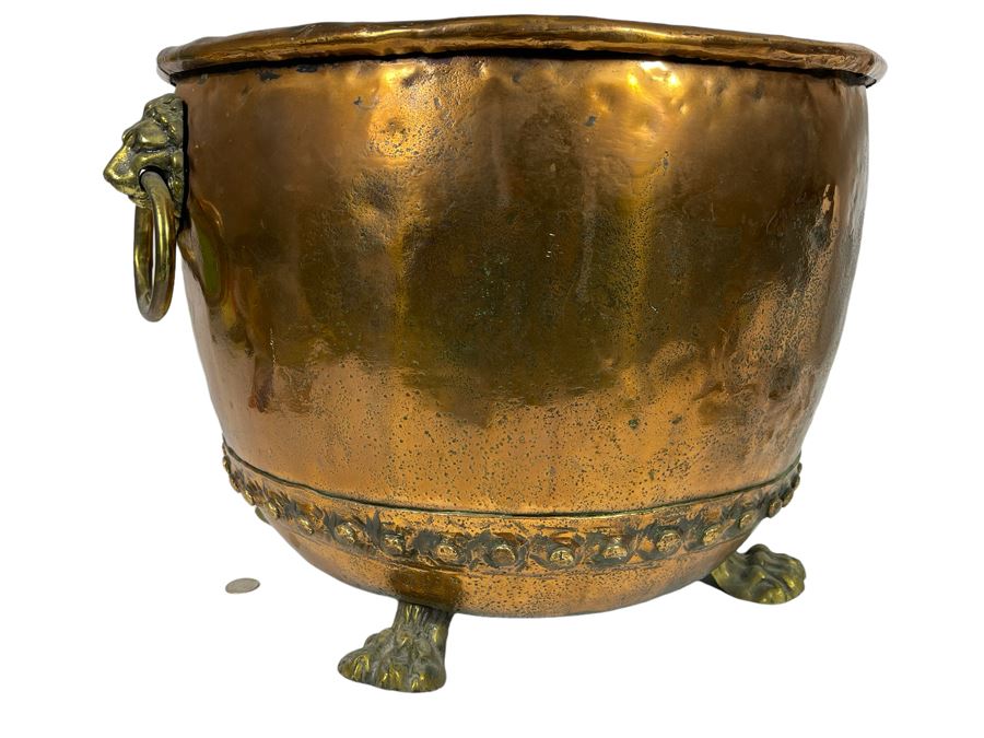 Large Antique Copper And Brass Footed Cauldron Pot Log Bin With Brass Lion Handles 22R X 14.5H