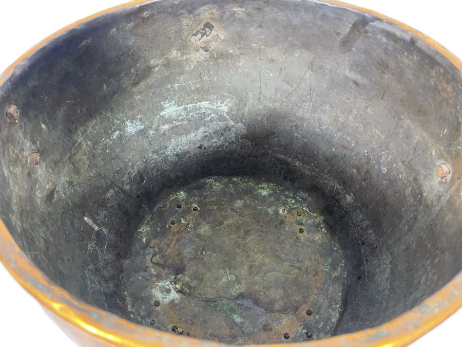 Large Antique Copper And Brass Footed Cauldron Pot Log Bin With Brass Lion Handles 22R X 14.5H [Photo 11]