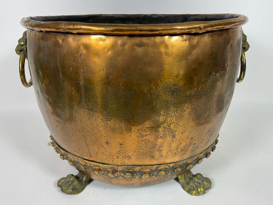 Large Antique Copper And Brass Footed Cauldron Pot Log Bin With Brass Lion Handles 22R X 14.5H [Photo 7]
