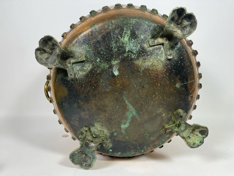 Large Antique Copper And Brass Footed Cauldron Pot Log Bin With Brass Lion Handles 22R X 14.5H [Photo 12]