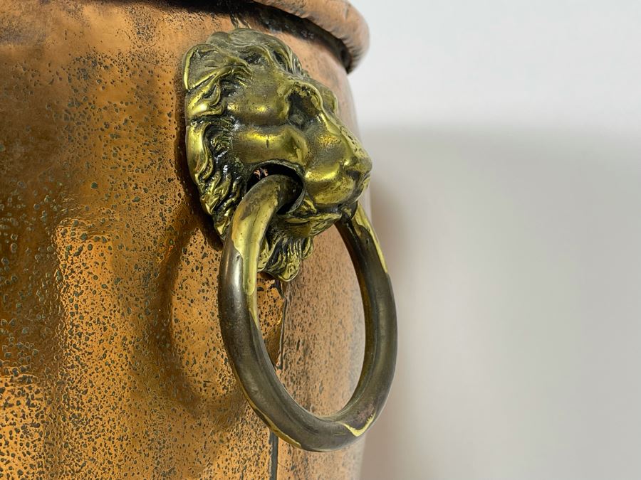 Large Antique Copper And Brass Footed Cauldron Pot Log Bin With Brass Lion Handles 22R X 14.5H [Photo 9]