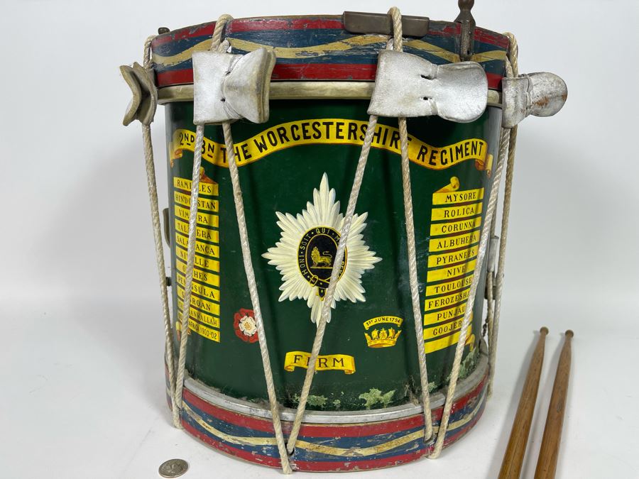 Vintage Hand-Painted British Guard The Worcestershire Regiment Marching Drum Whaley Royce & Coy 14.5R X 15H [Photo 5]