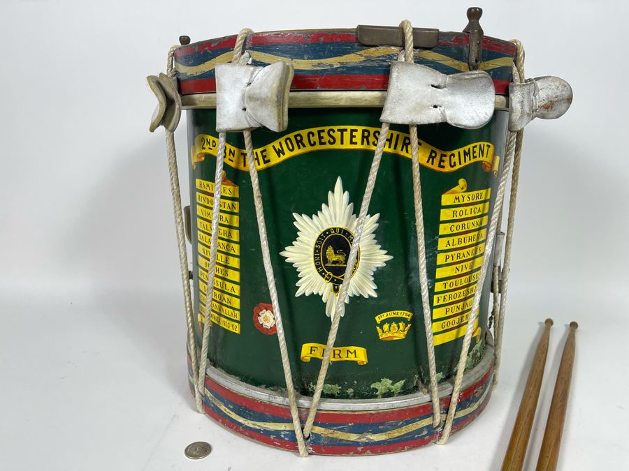 Vintage Hand-Painted British Guard The Worcestershire Regiment Marching Drum Whaley Royce & Coy 14.5R X 15H [Photo 3]