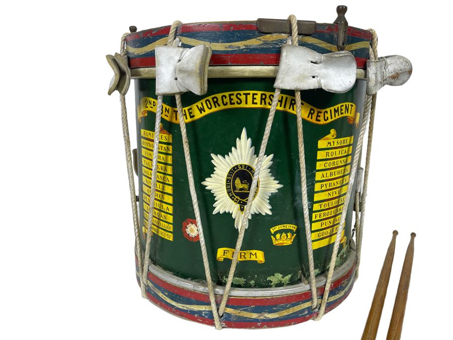 Vintage Hand-Painted British Guard The Worcestershire Regiment Marching Drum Whaley Royce & Coy 14.5R X 15H