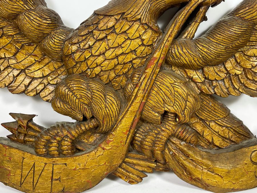 Antique Hand Carved Wooden Gilt American Eagle Wall Plaque “United We Stand” 33.5W X 12H [Photo 12]
