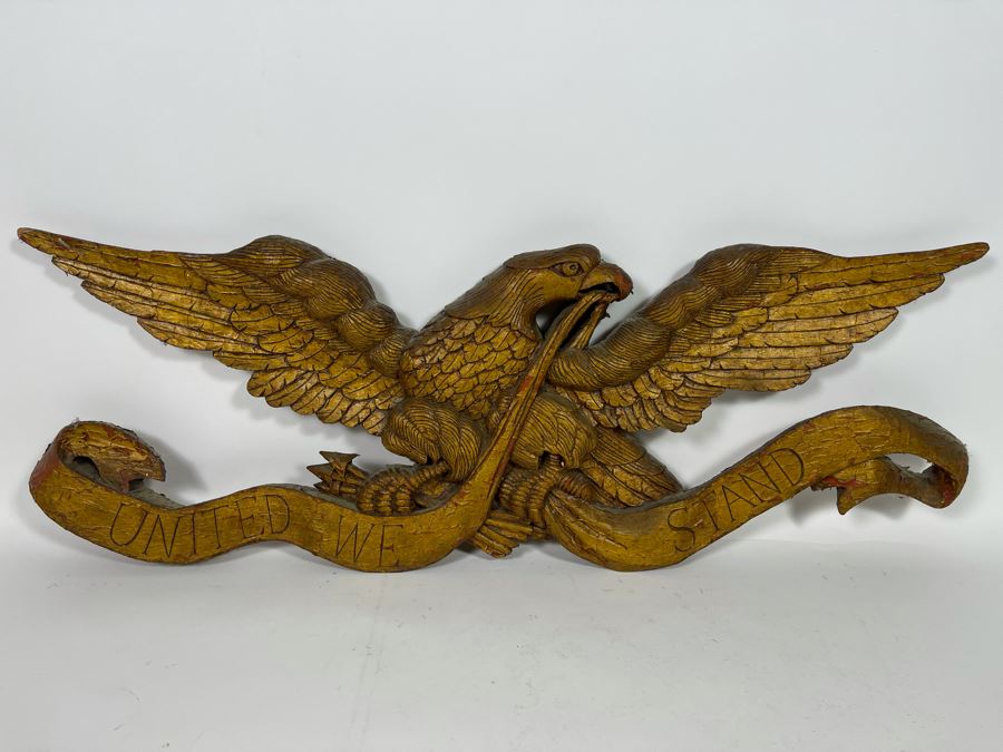 Antique Hand Carved Wooden Gilt American Eagle Wall Plaque “United We Stand” 33.5W X 12H [Photo 3]