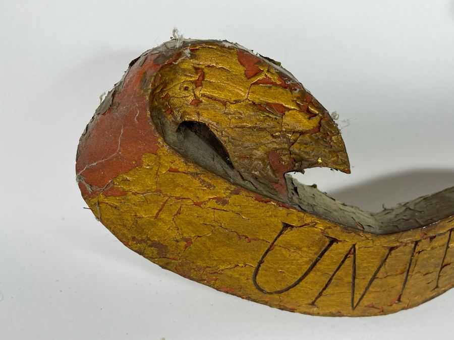 Antique Hand Carved Wooden Gilt American Eagle Wall Plaque “United We Stand” 33.5W X 12H [Photo 13]