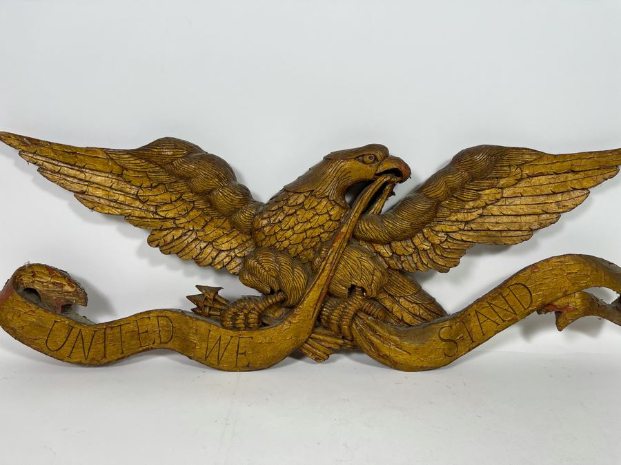 Antique Hand Carved Wooden Gilt American Eagle Wall Plaque “United We Stand” 33.5W X 12H [Photo 8]