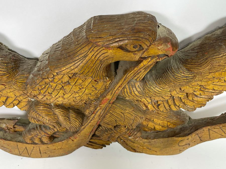 Antique Hand Carved Wooden Gilt American Eagle Wall Plaque “United We Stand” 33.5W X 12H [Photo 10]