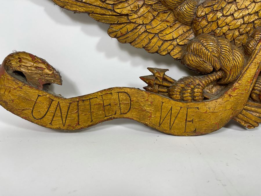 Antique Hand Carved Wooden Gilt American Eagle Wall Plaque “United We Stand” 33.5W X 12H [Photo 5]