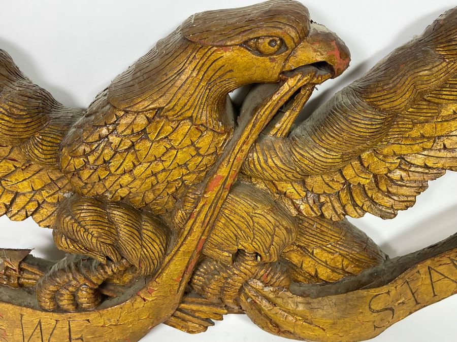 Antique Hand Carved Wooden Gilt American Eagle Wall Plaque “United We Stand” 33.5W X 12H [Photo 11]