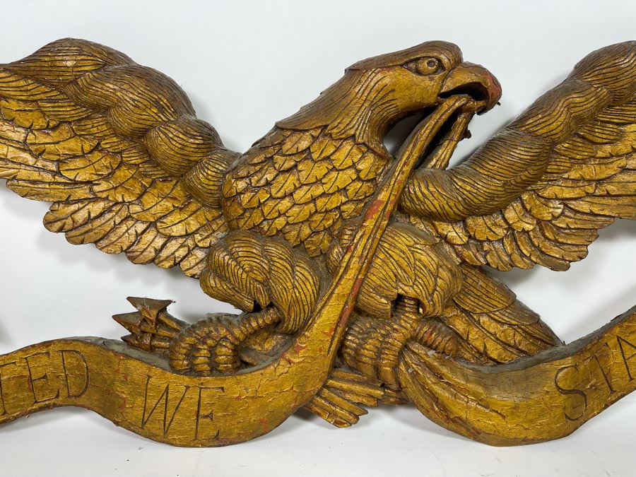 Antique Hand Carved Wooden Gilt American Eagle Wall Plaque “United We Stand” 33.5W X 12H [Photo 7]