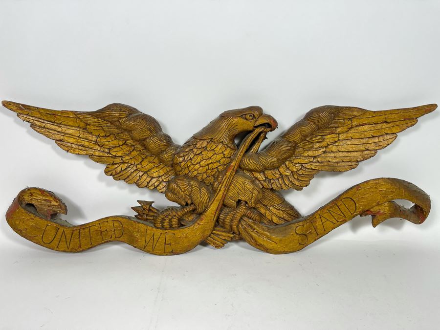 Antique Hand Carved Wooden Gilt American Eagle Wall Plaque “United We Stand” 33.5W X 12H [Photo 4]