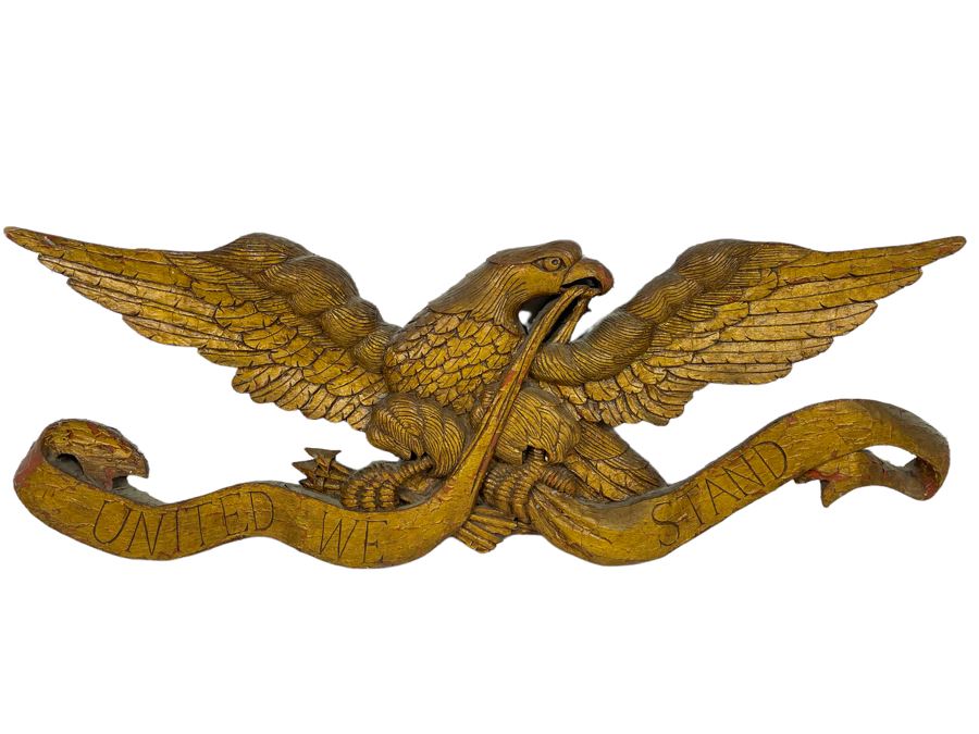 Antique Hand Carved Wooden Gilt American Eagle Wall Plaque “United We Stand” 33.5W X 12H