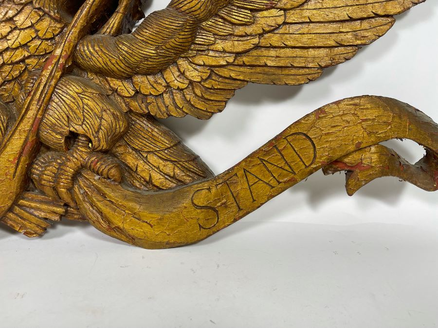Antique Hand Carved Wooden Gilt American Eagle Wall Plaque “United We Stand” 33.5W X 12H [Photo 6]