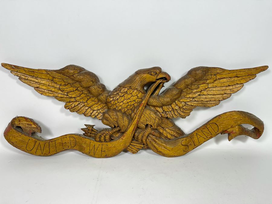 Antique Hand Carved Wooden Gilt American Eagle Wall Plaque “United We Stand” 33.5W X 12H [Photo 2]