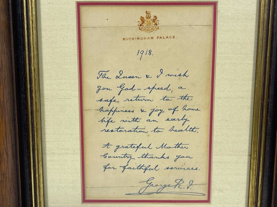 Handwritten Hand-Signed Letter From King George V Dated 1918 On Buckingham Palace Letterhead - See Details For Text Framed 11.5 X 13.5 [Photo 1]