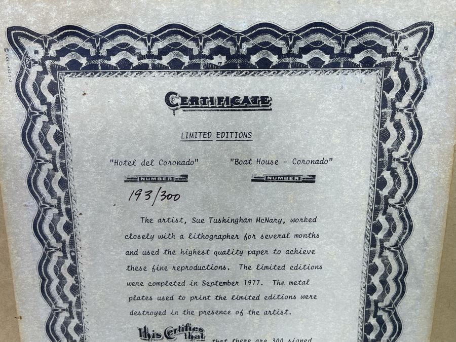 Hand-Signed Limited Edition Print Titled “Hotel Del Coronado - Boat House” By Sue Tushingham McNary 1977 15.5 X 20 [Photo 12]