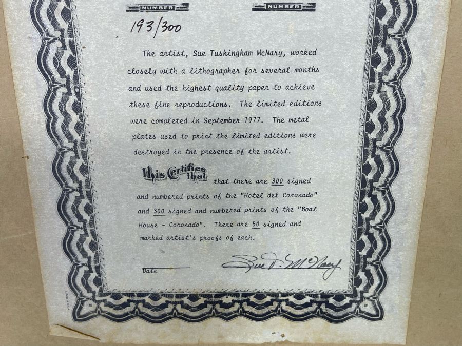 Hand-Signed Limited Edition Print Titled “Hotel Del Coronado - Boat House” By Sue Tushingham McNary 1977 15.5 X 20 [Photo 13]