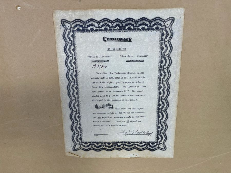 Hand-Signed Limited Edition Print Titled “Hotel Del Coronado - Boat House” By Sue Tushingham McNary 1977 15.5 X 20 [Photo 11]