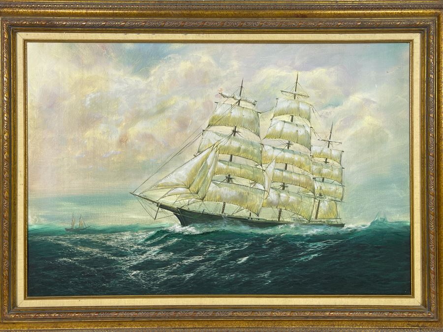 Original Nautical Sailing Ship Painting Unsigned 36 X 24 [Photo 2]