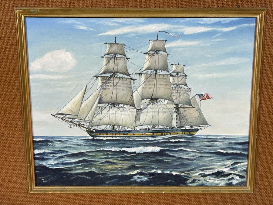 Signed Original Nautical Sailing Ship Painting By Tomio? 16 X 13 [Photo 1]