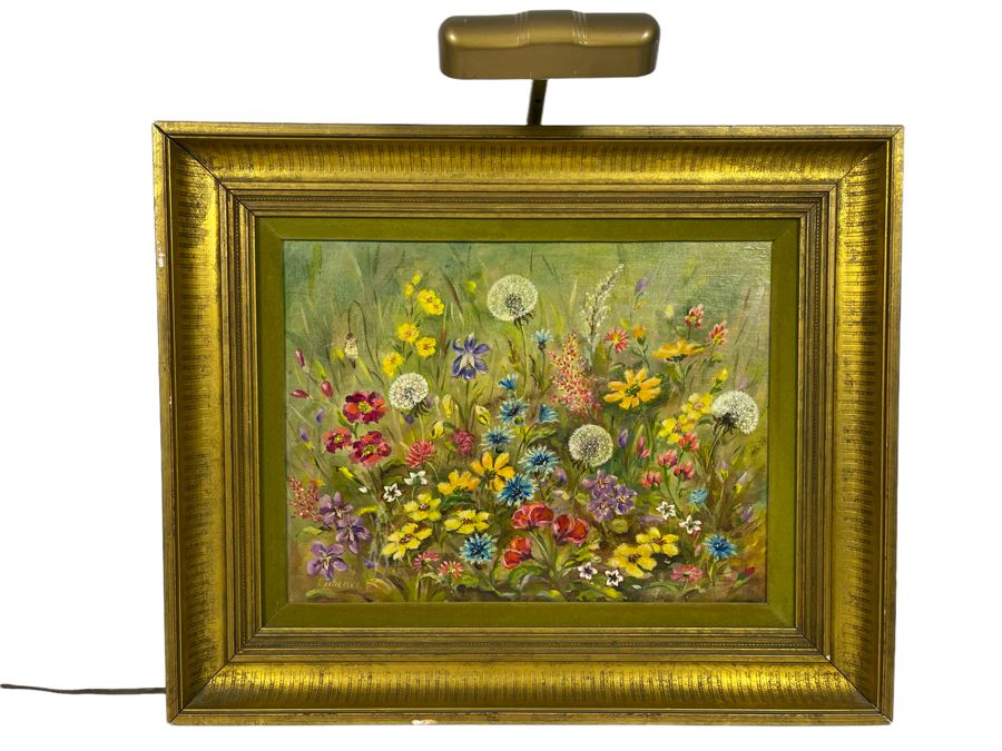 Original Still Life Floral Painting In Gold Frame With Light 16 X 12