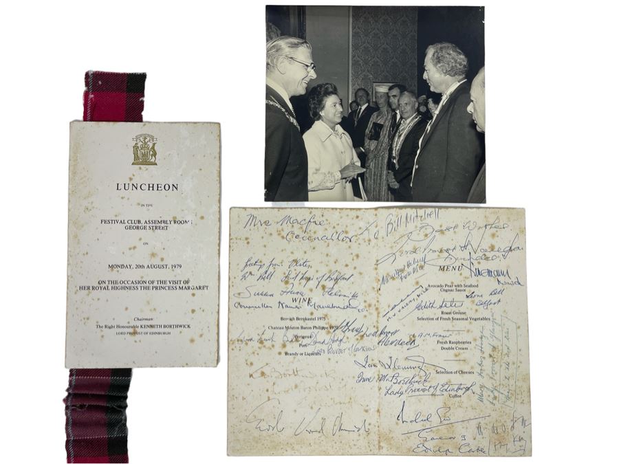 Signed Luncheon Menu From 1979 Visit Of Her Royal Highness The Princess Margaret And Photo Of Princess Margaret With Bill Mitchell
