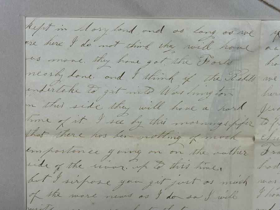 Framed Civil War Union Letter Written By C. E. Putnam Civil War Union Soldier To Sister During The Civil War Battle Oct 11, 1861 Bladensburg Battlefield Framed But Glass Is Cracked On Back Of Frame 16.5 X 20 [Photo 28]