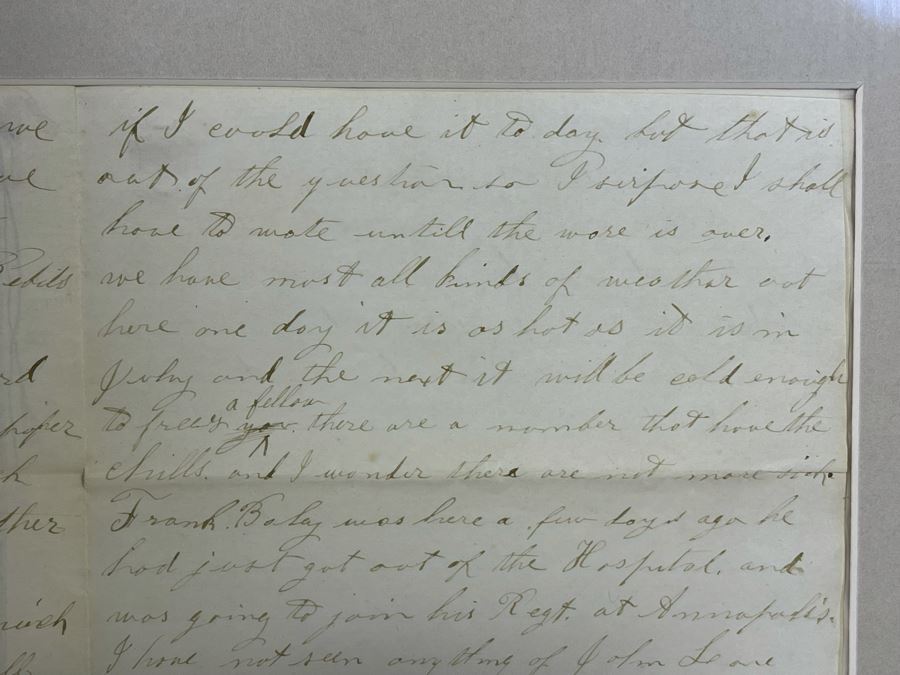 Framed Civil War Union Letter Written By C. E. Putnam Civil War Union Soldier To Sister During The Civil War Battle Oct 11, 1861 Bladensburg Battlefield Framed But Glass Is Cracked On Back Of Frame 16.5 X 20 [Photo 31]
