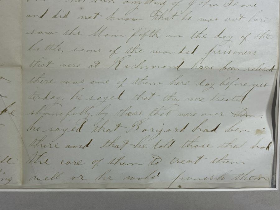 Framed Civil War Union Letter Written By C. E. Putnam Civil War Union Soldier To Sister During The Civil War Battle Oct 11, 1861 Bladensburg Battlefield Framed But Glass Is Cracked On Back Of Frame 16.5 X 20 [Photo 33]