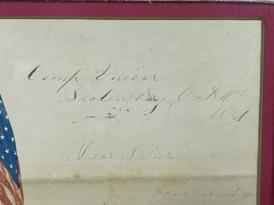 Framed Civil War Union Letter Written By C. E. Putnam Civil War Union Soldier To Sister During The Civil War Battle Oct 11, 1861 Bladensburg Battlefield Framed But Glass Is Cracked On Back Of Frame 16.5 X 20 [Photo 10]
