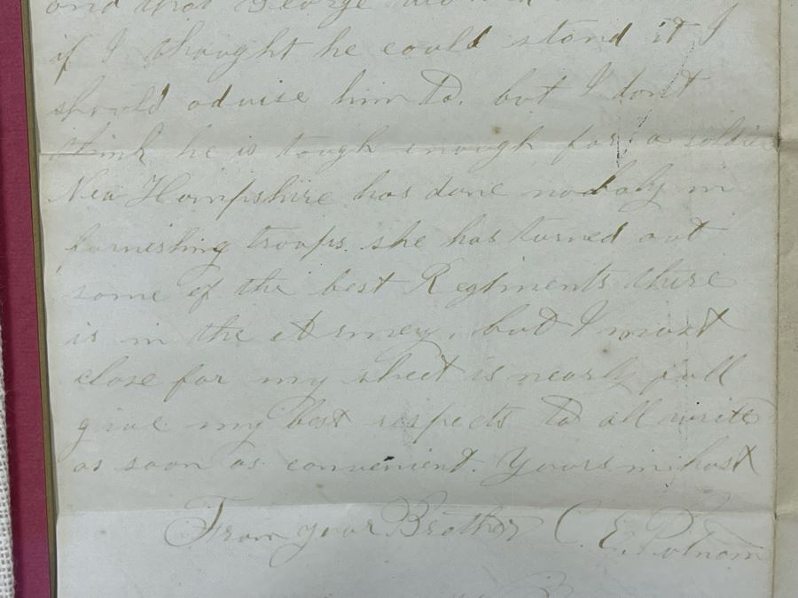 Framed Civil War Union Letter Written By C. E. Putnam Civil War Union Soldier To Sister During The Civil War Battle Oct 11, 1861 Bladensburg Battlefield Framed But Glass Is Cracked On Back Of Frame 16.5 X 20 [Photo 17]