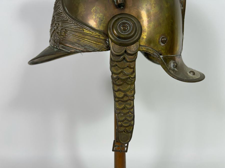 Antique British Fire Brigade Brass Fireman’s Helmut - Straps Need Repair - Comes With Stand 11W X 12H [Photo 15]