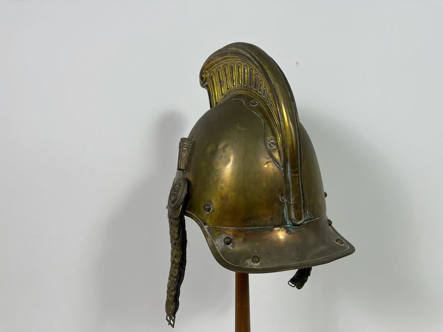 Antique British Fire Brigade Brass Fireman’s Helmut - Straps Need Repair - Comes With Stand 11W X 12H [Photo 16]