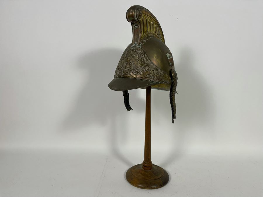 Antique British Fire Brigade Brass Fireman’s Helmut - Straps Need Repair - Comes With Stand 11W X 12H [Photo 5]