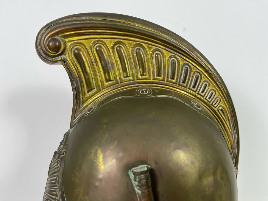 Antique British Fire Brigade Brass Fireman’s Helmut - Straps Need Repair - Comes With Stand 11W X 12H [Photo 14]