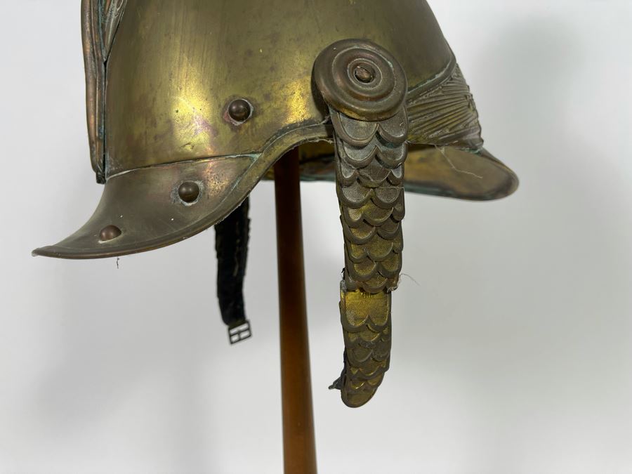 Antique British Fire Brigade Brass Fireman’s Helmut - Straps Need Repair - Comes With Stand 11W X 12H [Photo 18]