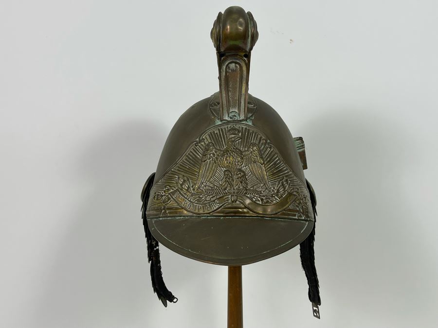 Antique British Fire Brigade Brass Fireman’s Helmut - Straps Need Repair - Comes With Stand 11W X 12H [Photo 6]