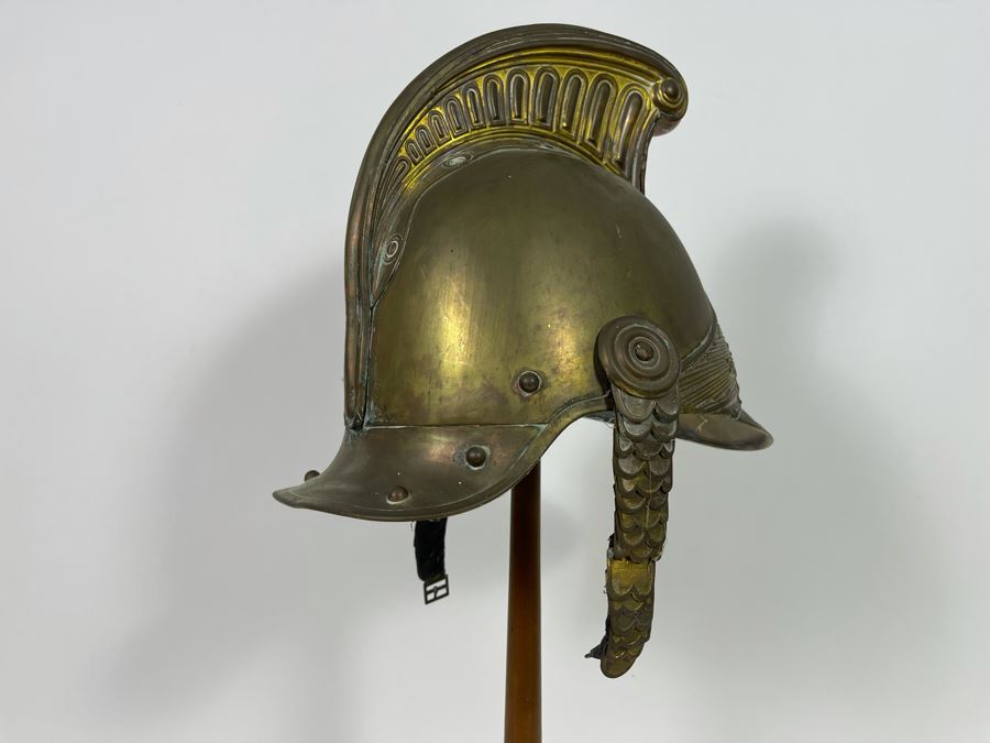 Antique British Fire Brigade Brass Fireman’s Helmut - Straps Need Repair - Comes With Stand 11W X 12H [Photo 17]